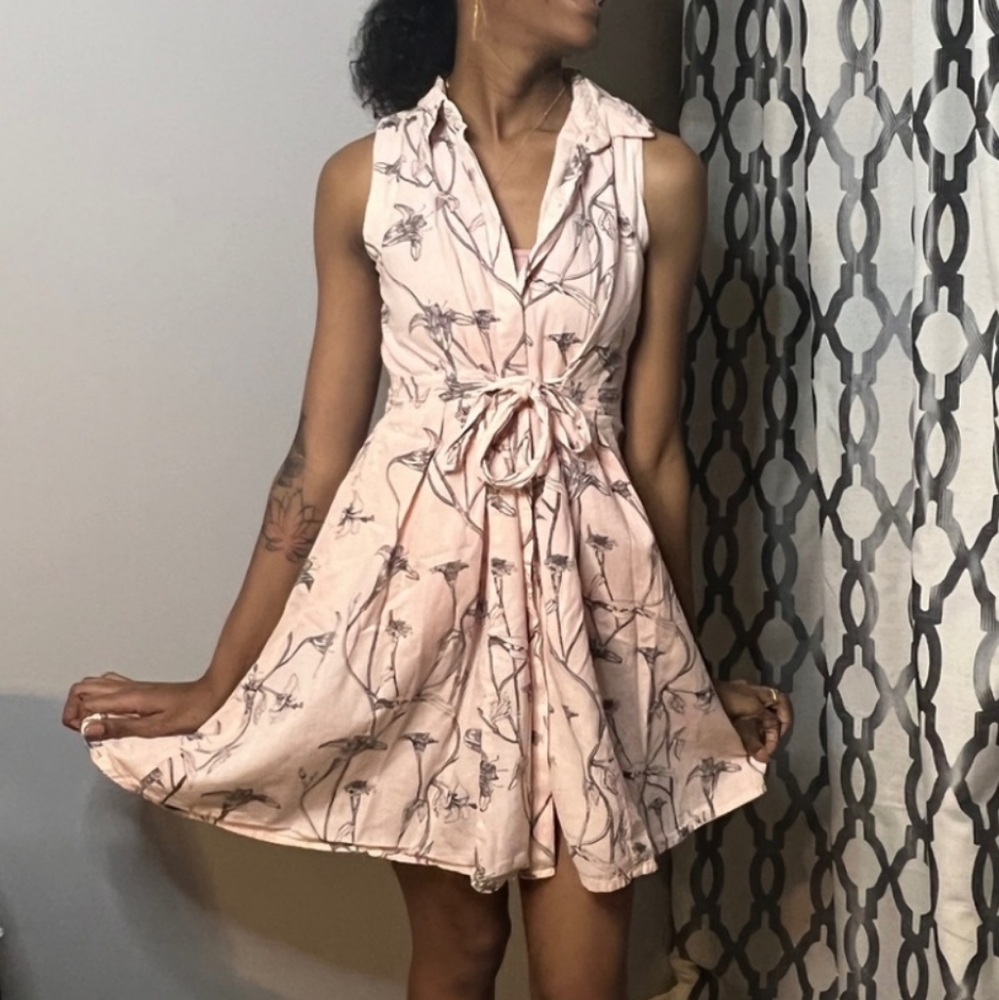 Pink floral button down collared dress